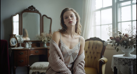 Portrait of beautiful young woman in lingerie sitting in armchairの素材