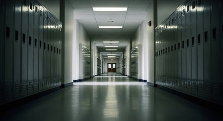 3d render of a corridor with lockers in a school hallwayの素材