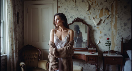 Portrait of a beautiful young woman in a beige dress in a vintage interiorの素材