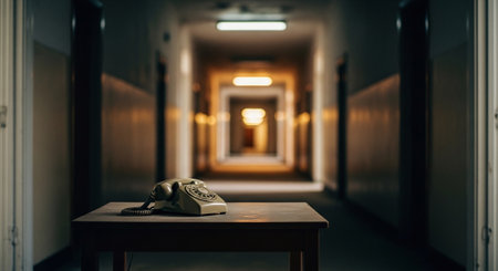 Old telephone in the hallway of a hospital. Selective focus.の素材