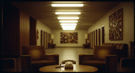 Interior of a hotel lobby with an old telephone in the foregroundの素材