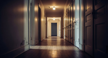 Interior of an empty hospital corridor with light coming through the doorの素材