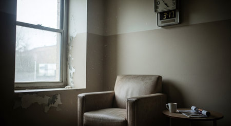 Interior of a hotel room with armchair, coffee and clockの素材