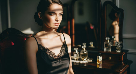 attractive young woman in black lingerie looking at mirror in bedroomの素材