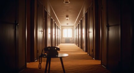 Interior of a hotel corridor at night with lights and shadows.の素材
