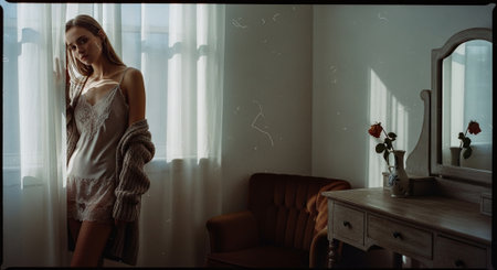 Beautiful young woman in nightgown standing near the window.の素材