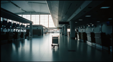 Interior of a modern airport terminal with empty seats and luggage.の素材
