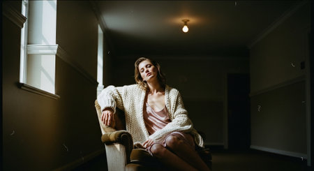 Beautiful young woman sitting in an armchair in a dark roomの素材