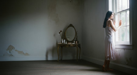 Young woman in white nightgown standing near the window and looking out the windowの素材