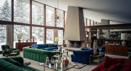 Interior of a luxury hotel lobby with a view of the mountainsの素材