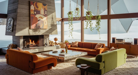 Interior of a modern living room with fireplace and orange sofasの素材
