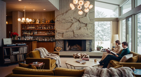 Couple reading a book at home in the living room. The couple is sitting in front of fireplace.の素材