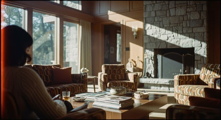 Woman sitting in a cafe and reading a book. Side view.の素材