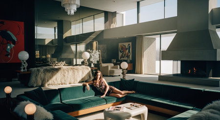 Young beautiful woman sitting on sofa in living room at home and reading book.の素材