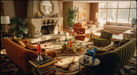 Interior of a living room with a fireplace and an armchairの素材