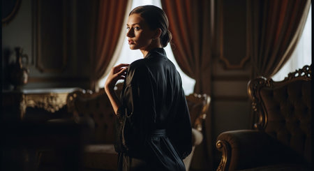 Portrait of a beautiful young woman in a black dress in a luxurious interiorの素材