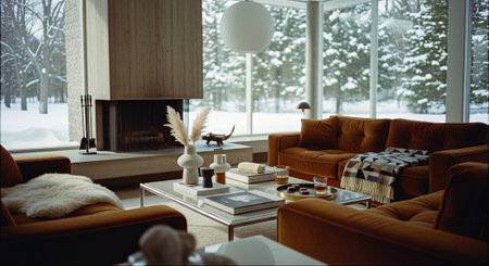 Living room in a modern house with a large window overlooking the winter landscapeの素材