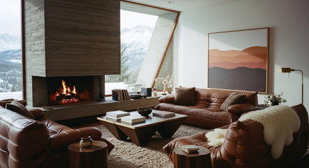 Cozy living room interior with fireplace and mountain view, 3d renderの素材