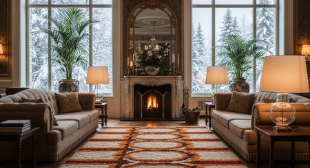 Luxury living room with fireplace, armchairs and window.の素材