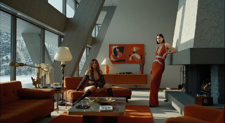 Two beautiful young women in sexy lingerie are sitting on the sofa in the interior of the apartment.の素材