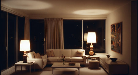 Interior of a modern living room with a large window and a sofaの素材