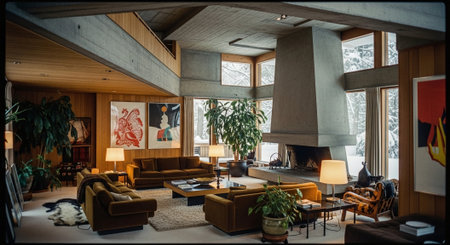 interior of modern living room with fireplace, armchairs, coffee table and windowの素材