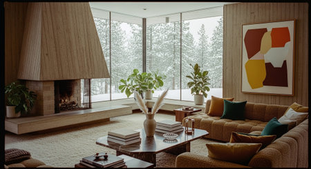 Interior of modern living room with wooden walls, panoramic windows, sofa and coffee table. 3d renderingの素材