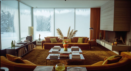 Interior of a modern living room with orange sofa and coffee tableの素材