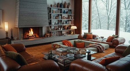 Interior of modern living room with fireplace and comfortable sofasの素材