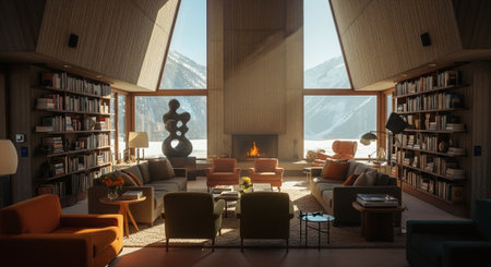 3D rendering of a modern living room with a large window.の素材