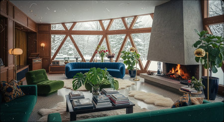 Cozy living room with a fireplace and a big window in the backgroundの素材