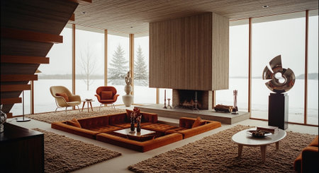 Interior of modern living room with wooden walls, carpeted floor, comfortable armchairs and fireplace. 3d renderingの素材