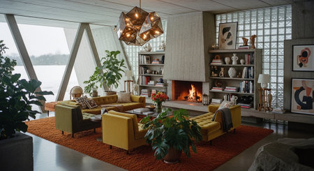 Interior of a modern living room with yellow armchairs and fireplaceの素材