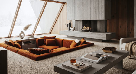 Interior of modern living room with wooden walls, carpet, orange sofa and coffee table. 3d renderingの素材