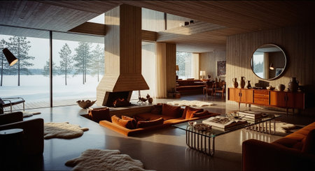 Interior of modern living room with wooden walls, concrete floor and comfortable orange sofaの素材