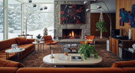 Interior of modern living room with fireplace and living room with orange sofaの素材