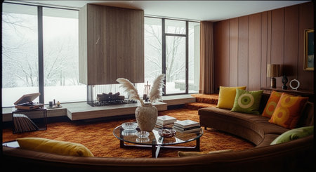 Interior of a living room with a large window overlooking the winter forestの素材