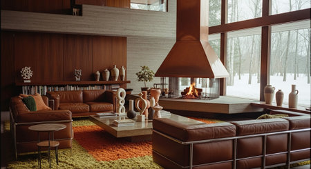 Interior of modern living room with fireplace, sofa, armchairs and coffee tableの素材