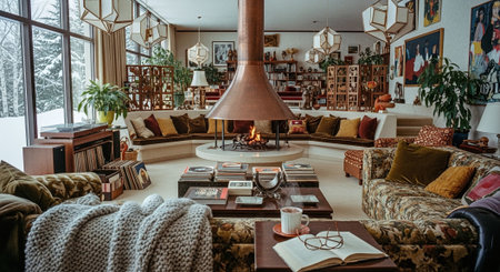 Luxury living room with a fireplace, sofa, coffee table and booksの素材