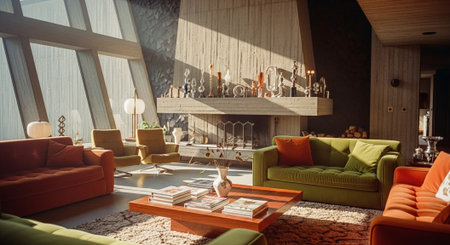 Interior of a modern living room with sofa, coffee table, books and windowの素材