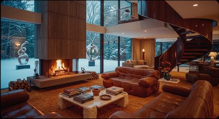 Interior of a modern living room with fireplace and sofasの素材