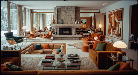 Interior of luxury living room with fireplace and orange armchairs.の素材