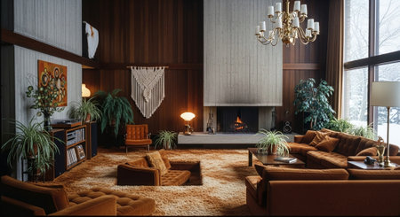 Interior of a modern living room with fireplace and armchairs.の素材