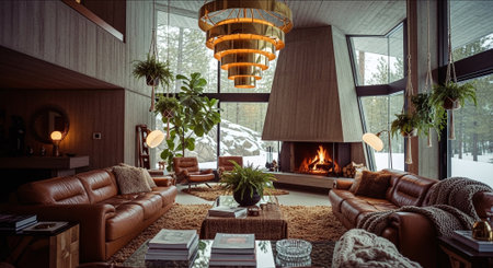 Interior of modern living room with fireplace, sofa and armchairsの素材