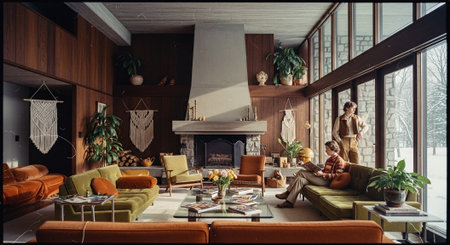 Young couple reading books by the fireplace in the living room at homeの素材