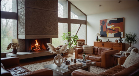 Interior of modern living room with fireplace and sofas.の素材