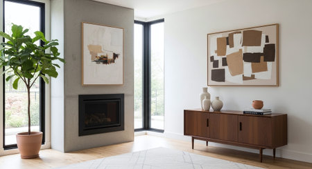Interior of modern living room with wooden commode, fireplace and plantsの素材