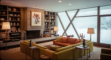 Interior of living room with fireplace, sofa and bookshelfの素材