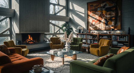 Interior of living room in loft style with fireplace and armchairsの素材