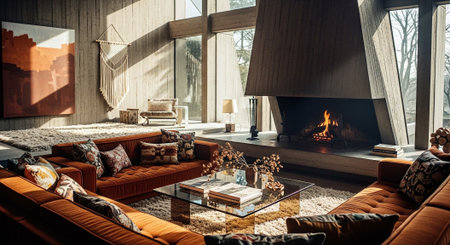 Interior of cozy living room with fireplace, sofa and armchairの素材